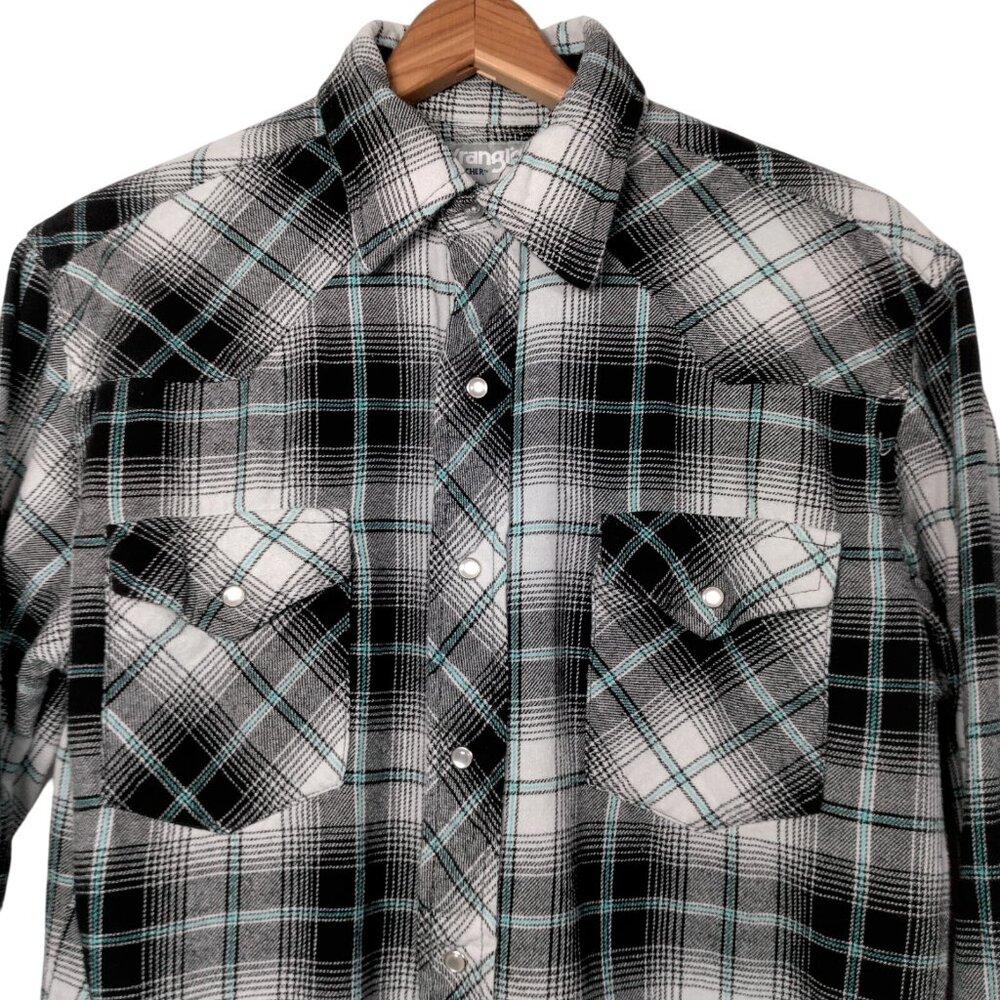 Wrangler Wrancher Shirt Men Medium Western Wear Flannel Peal Snap Black Blue